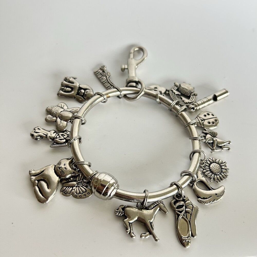 Green Rhino Key Bracelet Charm Holder Silver Tone Animals Flowers Key Ring